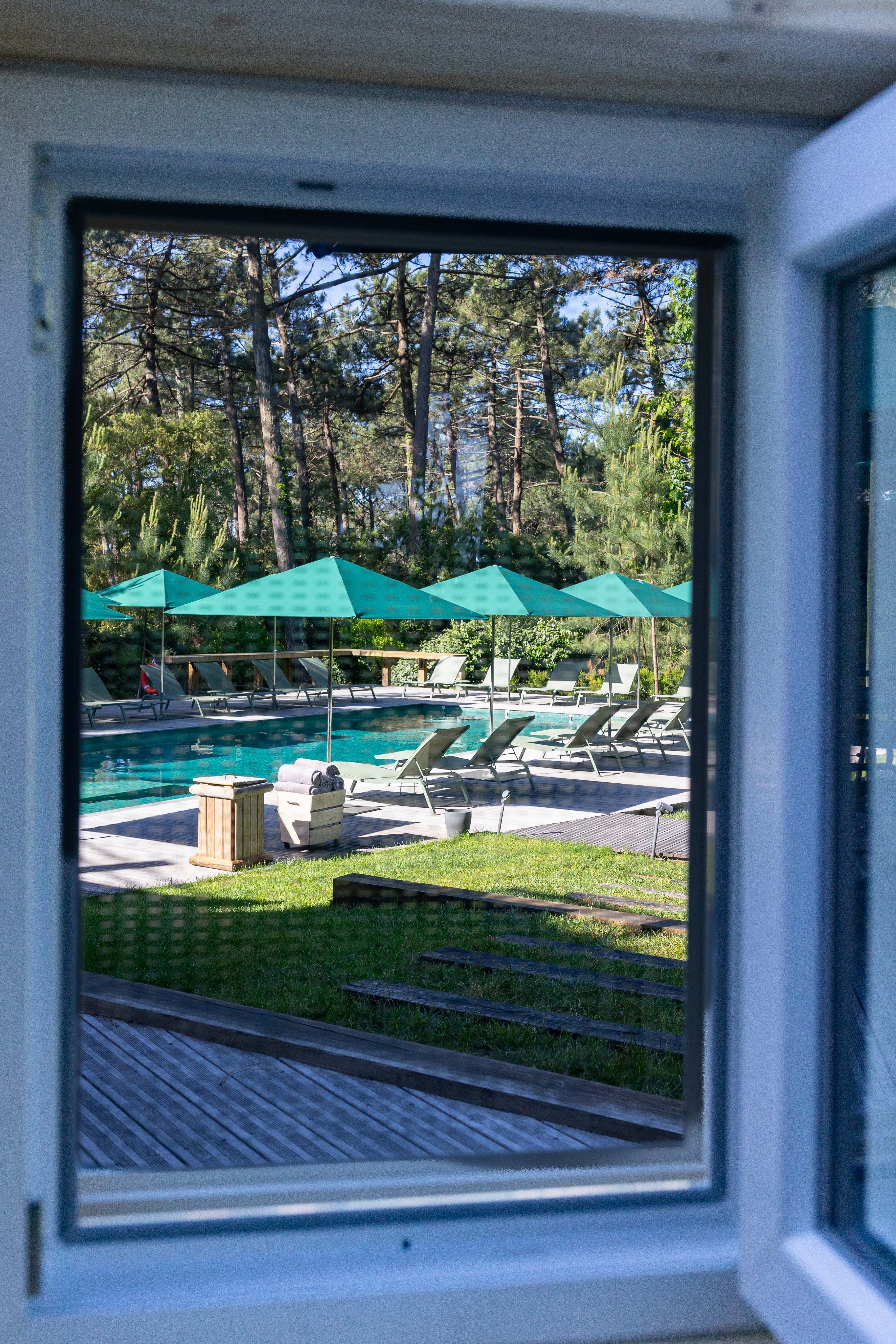 Vue extérieure depuis une ouverture équipée Mostiglass®, environnement estival, sans moustiquaire apparente